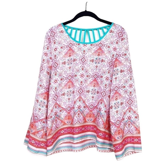Altar'd State Multicolor Cage Yolk Ikat Print Bell Long Sleeve Top Size S Boho - Picture 1 of 6